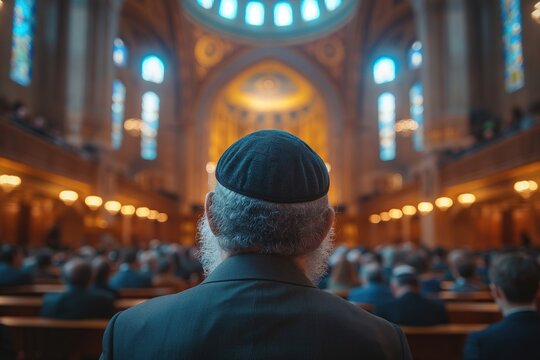 Faithful Jewish believers inside a synagogue attending a mass.