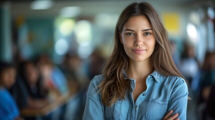 Obraz premium Young university student girl, posing calmly in class, with students out of focus in the background.