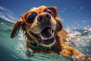 cute happy funny pretty beautiful dogs puppy doggy pet best friend swimming in pool or sea, wear sunglasses, water laps wet joyful humor enjoyment playing smiling sunlight beach. - obrazy, fototapety, plakaty