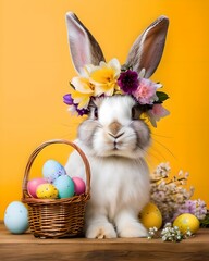 Easter bunny with basket of colorful eggs and flowers on yellow background