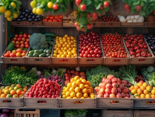 Fototapeta na wymiar A display of fresh organic produce like fruits and vegetables, set in a charming farm market environment