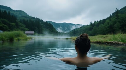 woman enjoys a natural thermal bath, 