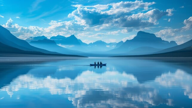 A family enjoying a peaceful paddleboat ride on a mirrored lake, with the reflection of the surrounding mountains creating a breathtaking scene