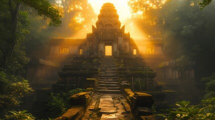 A scene capturing the essence of an exotic vacation destination, like a tropical rainforest or an ancient temple, with tourists exploring the sights