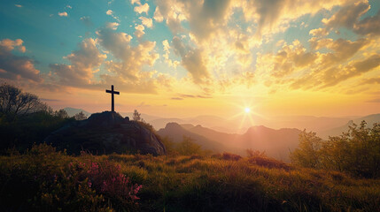 Heavenly Horizon: Sunrise behind Cross Silhouette on Hill