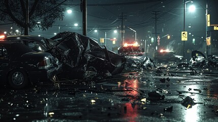 Nighttime City Street Tragedy  A Severe Road Accident Aftermath