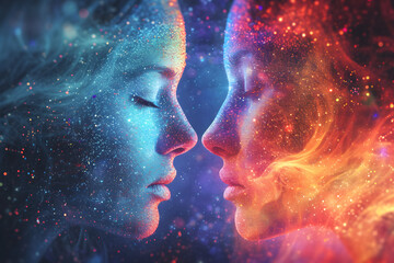 A spiritual connection between two persons generated through deep state meditation and astral communication. - obrazy, fototapety, plakaty
