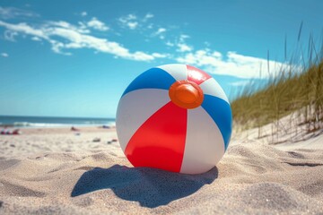 Obraz premium A colorful beach ball bounces on the sandy shore, under a clear blue sky dotted with fluffy clouds, creating a playful outdoor scene