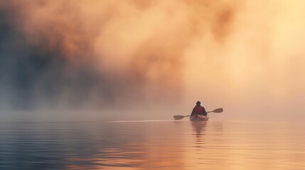 A solitary kayaker navigating through a mist-covered lake at sunrise, creating a serene and tranquil atmosphere - obrazy, fototapety, plakaty