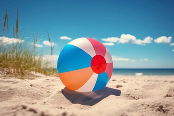 A vibrant beach ball bounces playfully against the warm sand as the sky above reflects the peacefulness of the cloud-filled horizon, inviting us to embrace the freedom and joy of the great outdoors
