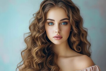 Fototapeta premium A captivating fashion model with long brown hair strikes a fierce pose for a photo shoot, her flawless skin glowing under the indoor lighting as she flaunts her luscious ringlets and perfectly applie
