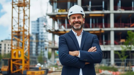 construction manager in front of building