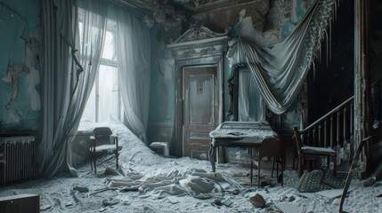 Old abandoned baroque room covered with snow