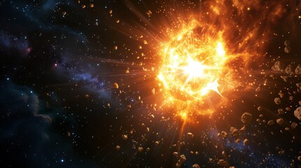 A cosmic explosion amidst asteroids, with radiant energy bursts against the dark backdrop of space.