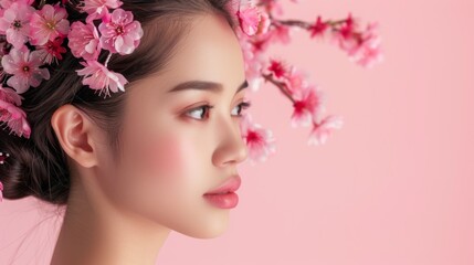 A graceful Japanese woman with a traditional hairstyle adorned with blooming sakura cherry blossoms.