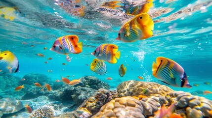 Naklejka na ściany i meble An underwater snapshot capturing the mesmerizing dance of colorful tropical fish amidst a coral reef in clear, turquoise ocean waters