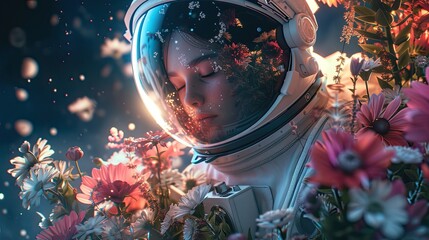 An astronaut in a white spacesuit with a face visible through the visor surrounded by pink and white flowers stands in a dreamy space with a blue and pink background.