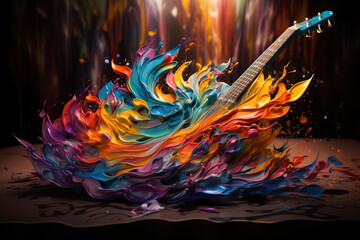 A paintbrush painting colorful musical notes, blending art and music creatively. Concept of...