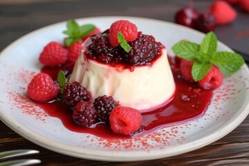 A decadent dessert, overflowing with a vibrant medley of sweet and tangy berries, sits upon a pristine white plate, invitingly beckoning with layers of creamy dairy, juicy fruits, and a sprinkle of p