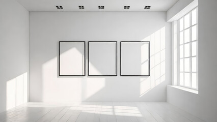 Three empty frames in a sunny room against a white wall. Minimalist style art space mockup.Soft day light. AI generated.