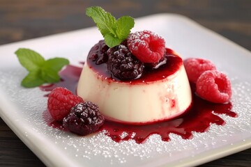 Indulge in a heavenly delight as the creamy bavarian panna cotta, adorned with fresh berries and a touch of sweetness, sits beautifully on a white plate amidst indoor greenery - obrazy, fototapety, plakaty