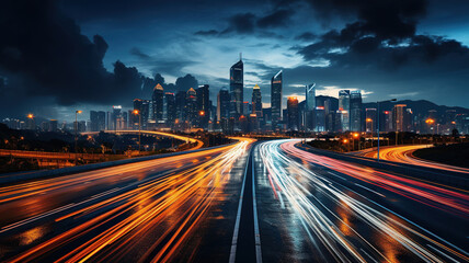 Time lapse photo of the highway near the metropolis. Generated by artificial intelligence - Powered by Adobe