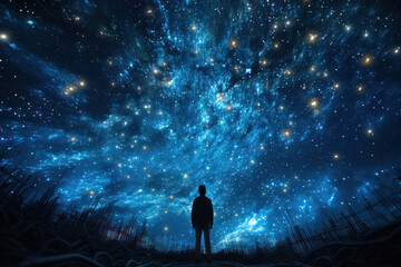 A person's silhouette filled with a starry night sky, suggesting depth and complexity of thought....