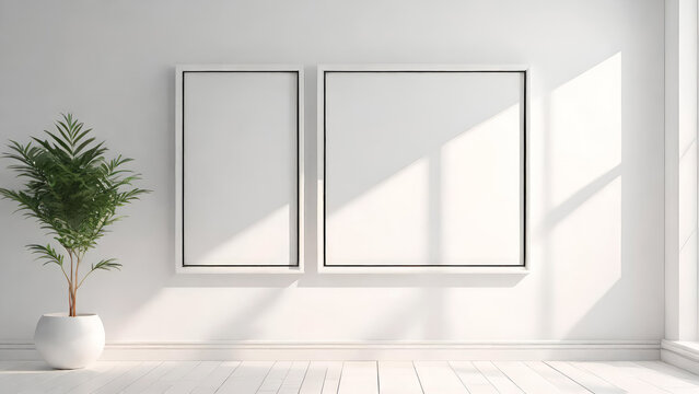 Empty frames in a sunny room against a white wall. Minimalist style art space mockup.Soft day light.