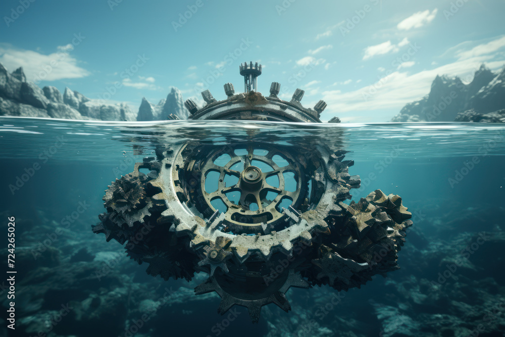 Poster an iceberg with its submerged part made of gears and cogs, depicting the unseen depth of thought. co