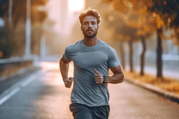A determined man races along the street, his face determined and his clothing fluttering behind him, as he pushes himself to the limit on the open road