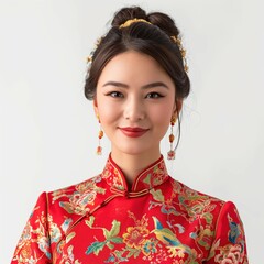 A woman in a red traditional Chinese dress and a colorful fan.