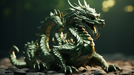 Fototapeta premium Green dragon symbol of chinese new year, tatsu, Eastern mythology, strength, wisdom and good luck. imperial authority and celestial energy culture and folklore zodiac sign banner poster copy space.