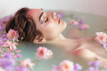 Obraz na płótnie Canvas A serene girl submerges herself in a bathtub of flowers, creating an ethereal indoor oasis against the backdrop of a wall