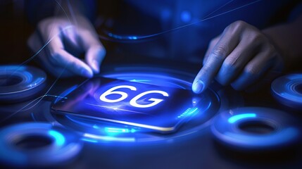Interactive holographic 6g text icon shining on mobile phone, futuristic technology concept
