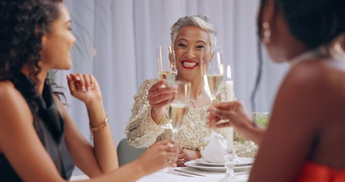 Champagne, dinner party and woman friends toast for social group event, reunion or celebrate New Year. Fine dining, home and classy people cheers with alcohol, drinks or sparkling white wine in glass