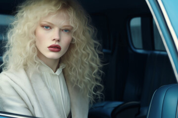 Albino woman in a blue car with leather interior - obrazy, fototapety, plakaty
