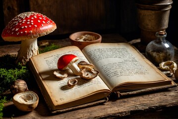 Obraz na płótnie Canvas Enchanted Learning: How Old Books and Magical Mushrooms Reveal the Secrets of the World. illustration. AI generative
