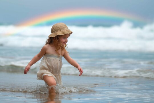 A carefree young woman in a vibrant dress and sun hat joyfully splashes in the crystal blue ocean, surrounded by the warm summer sun and a beautiful rainbow in the sky