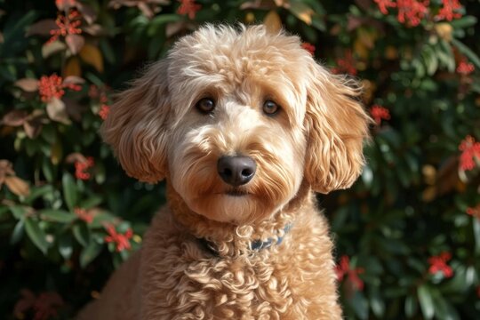 A curious dog of various poodle crossbreeds gazes at the camera with its playful and loyal nature evident in its brown, fluffy coat
