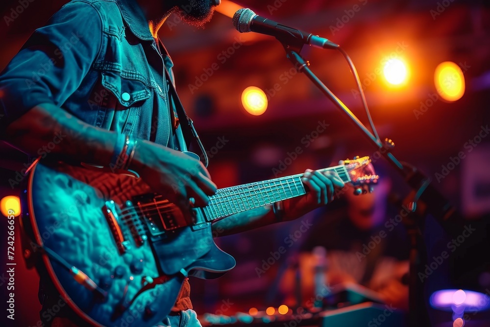 Wall mural A talented musician captivates the audience with his electrifying performance, strumming his electric guitar on stage while the crowd cheers in excitement at the dynamic rock concert