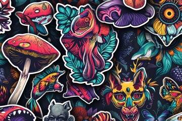 Vibrant stickers bloom like a psychedelic reef, painted with intricate illustrations and fabric patterns in this mesmerizing close-up of art - obrazy, fototapety, plakaty