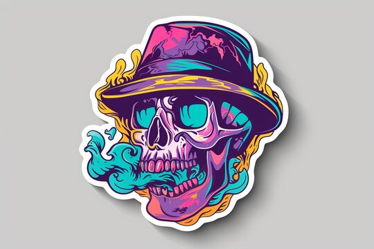 An edgy and stylish sticker featuring a hand-drawn cartoon skull donning a hat, with bold graphics and a unique design that captures the essence of art and illustration