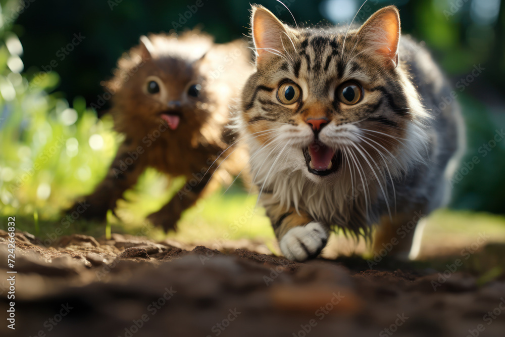 Poster a mouse chasing a cat, depicting a reversal of the usual predator-prey dynamic for laughs. concept o