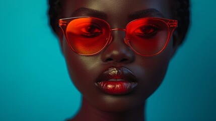 Naklejka premium Close up portrait of beautiful african american woman in red sunglasses.