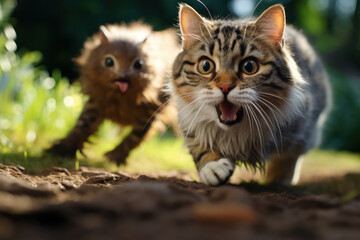 Obraz premium A mouse chasing a cat, depicting a reversal of the usual predator-prey dynamic for laughs. Concept of unexpected role reversal. Generative Ai.