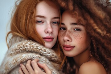 Obraz premium Two stylish women with long brown hair and perfectly applied makeup strike a pose for a portrait, showcasing their fashionable clothing and accessories while radiating confidence and beauty