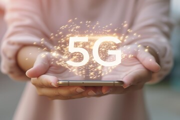 Futuristic interactive holographic 5g icon over mobile phone in hands, technology concept