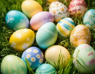 colorful easter eggs lie on the grass, illuminated by beautiful sunny yellow light