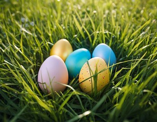 Fototapeta premium colorful easter eggs lie on the grass, illuminated by beautiful sunny yellow light