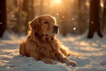 Dog lying on snow in winter forest